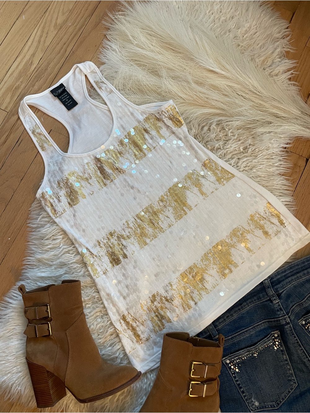 Daytrip White Racerback Tank with Gold Sequin Stripes